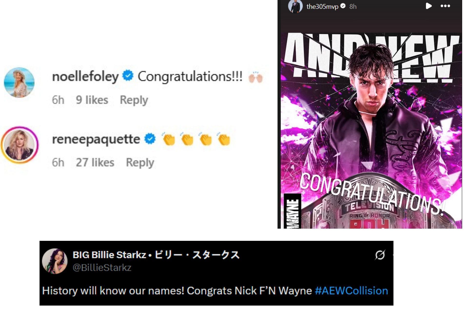 Screenshots of All Elite stars, MVP, Renee Paquette, Billie Starkz, and Mick Foley's daughter congratulating Nick Wayne. (Image credits: Instagram and X)